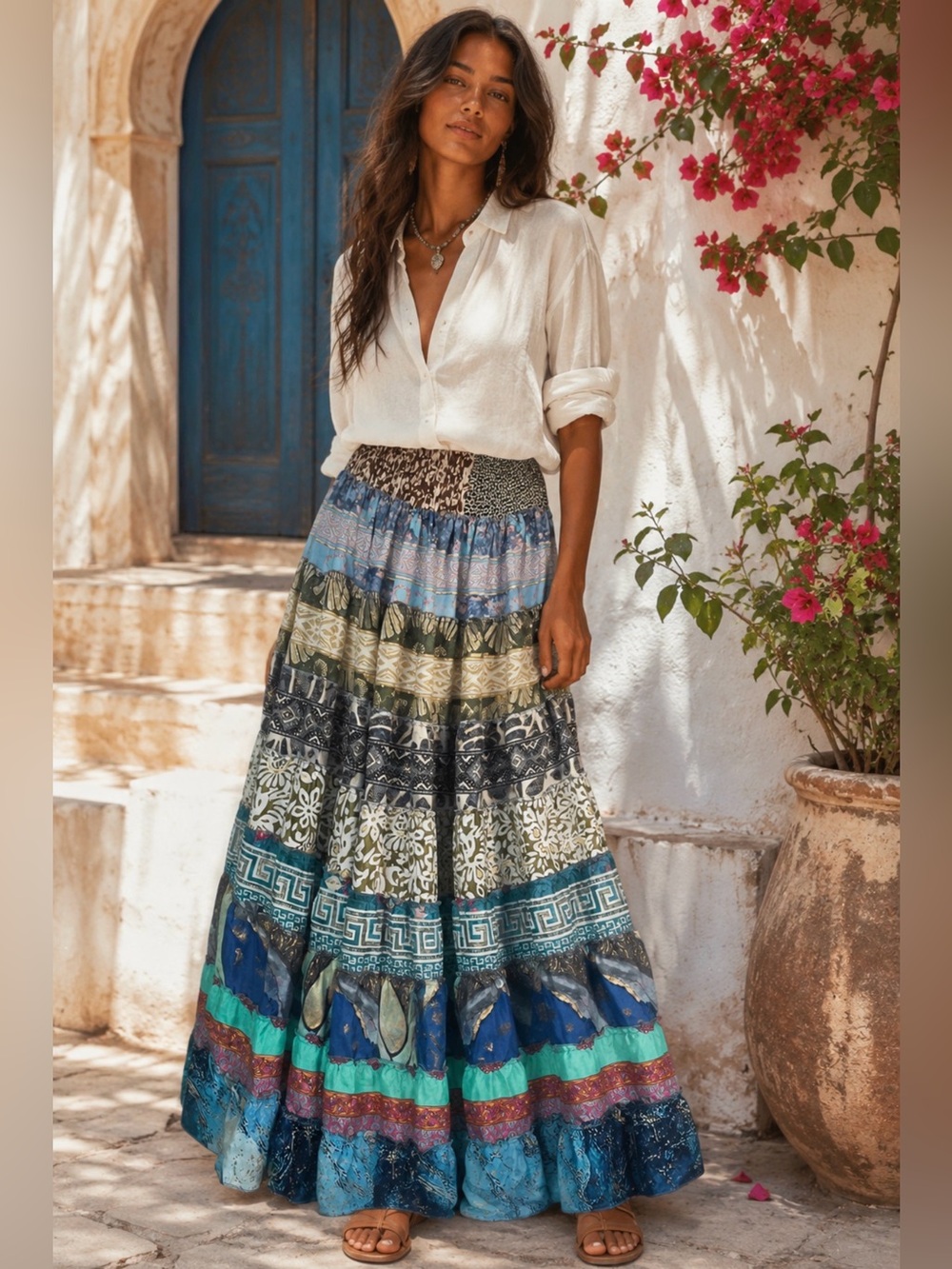 Bohemian Tiered Maxi Skirt in Blue & Green